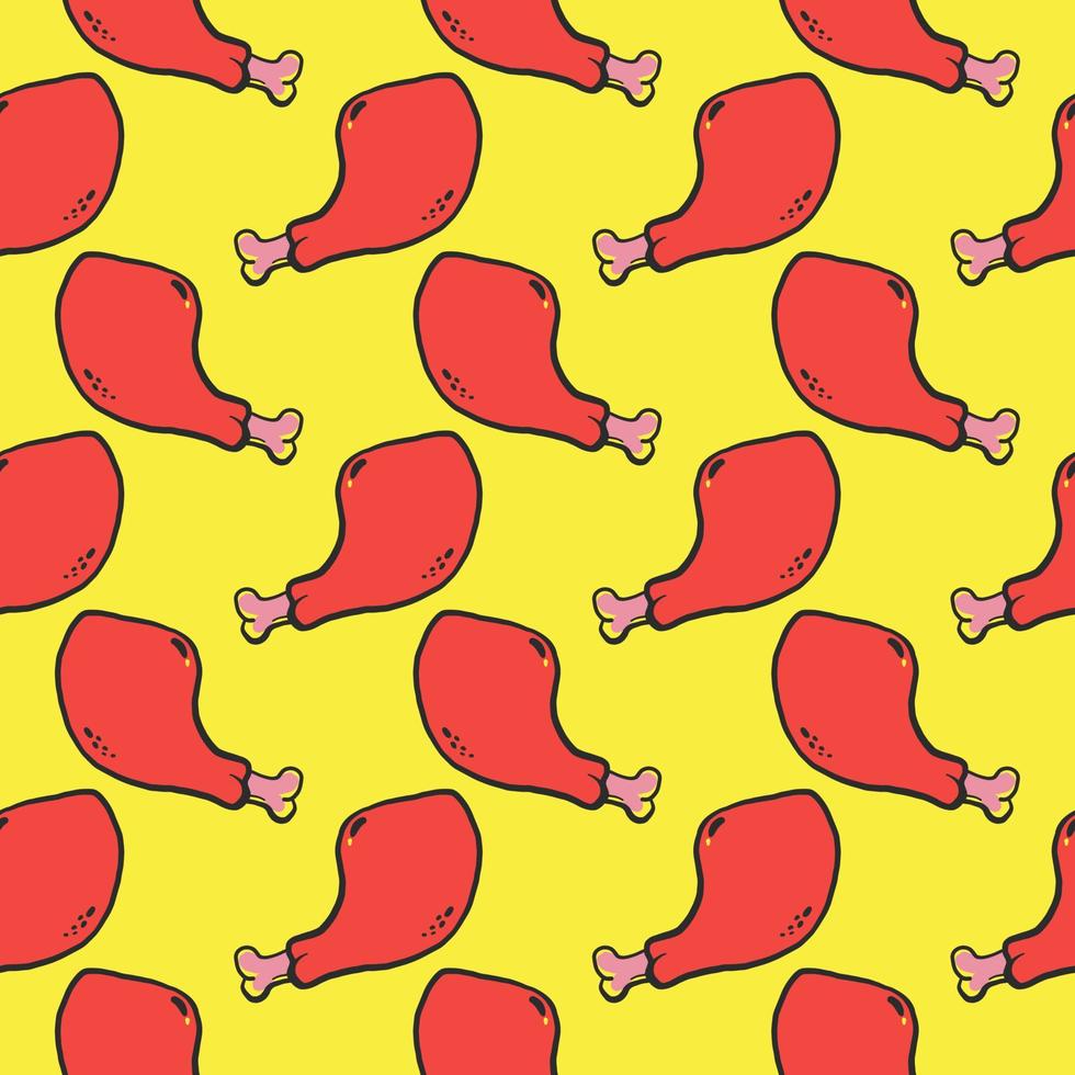 muslos de pollo frito, patrón sin costuras sobre fondo amarillo. vector