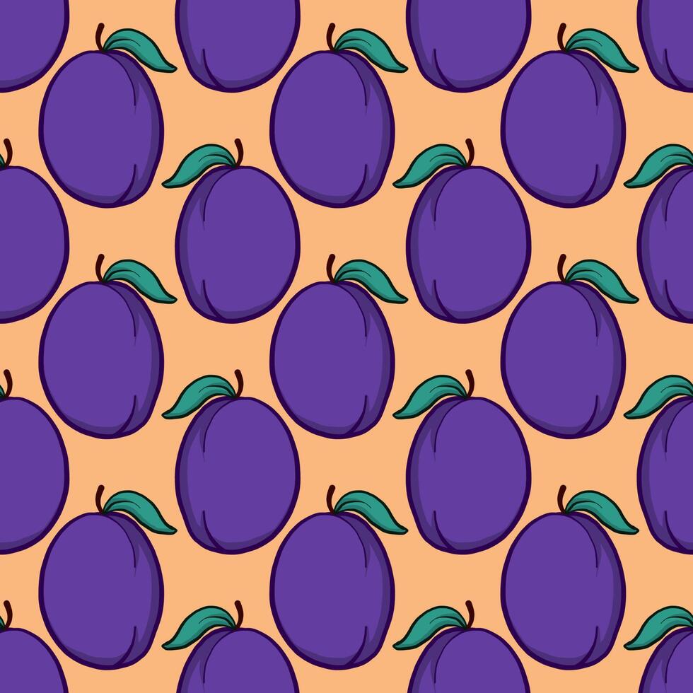Plums pattern, seamless pattern on orange background. vector
