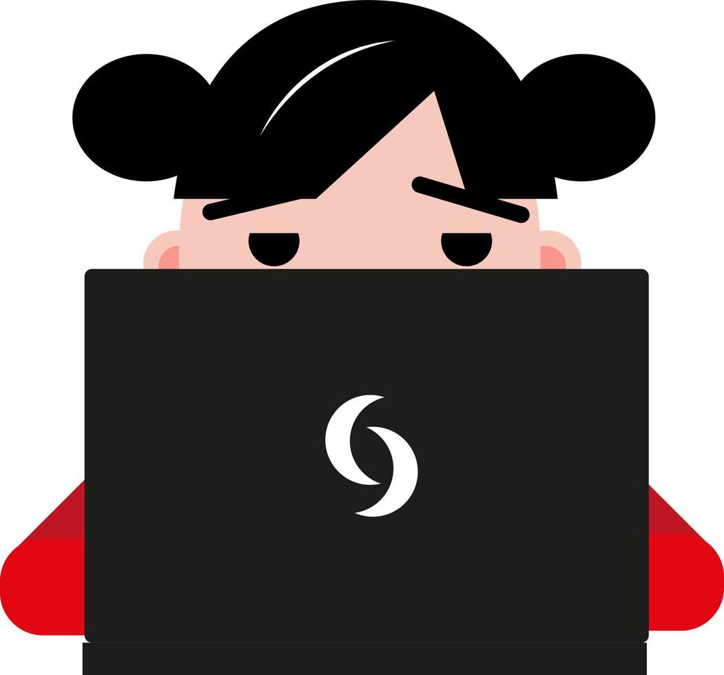 Black haired girl with black laptop, illustration, vector on a white background.