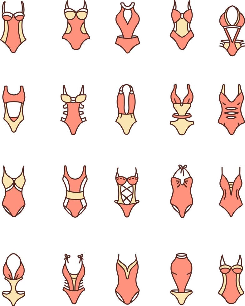 Woman swimsuit icon pack, illustration, vector on a white background.