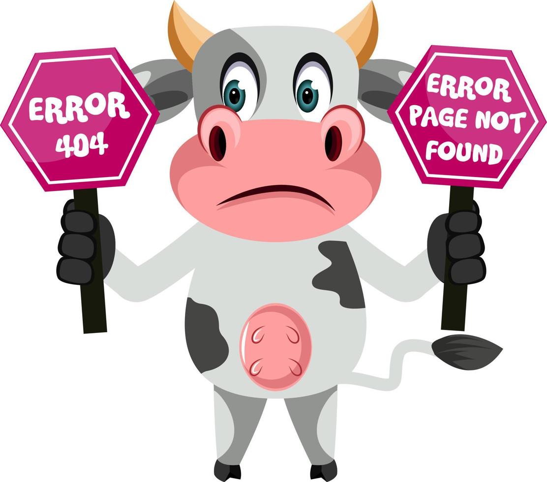 Vaca con error 404, ilustración, vector sobre fondo blanco.