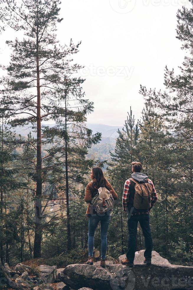 Full length rear view of young couple admiring the view while hiking together in the woods photo