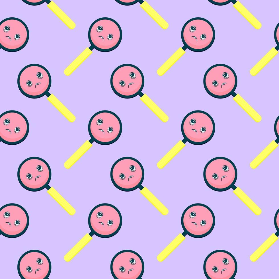 Sad magnifier, seamless pattern on purple background. vector