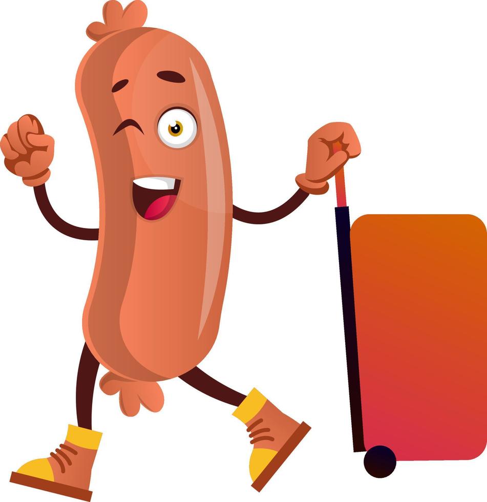 Sausage with big red suitcase, illustration, vector on white background.