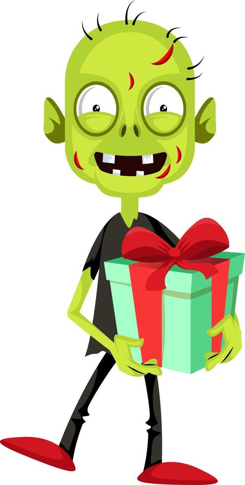 Zombie with present, illustration, vector on white background.