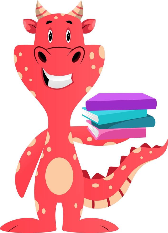 Red dragon is holding books, illustration, vector on white background.