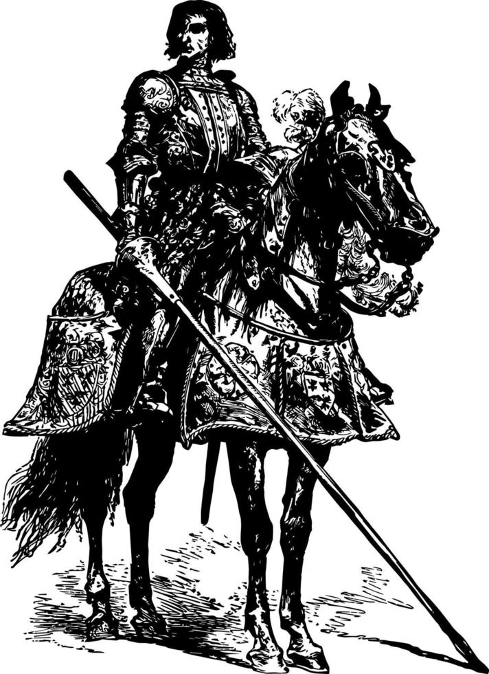 caballero con armadura completa, ilustración antigua. vector
