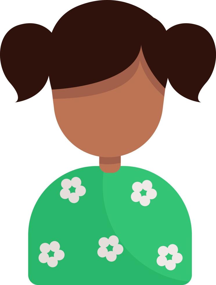 Girl in a green dress and pigtails, illustration, vector on white background.