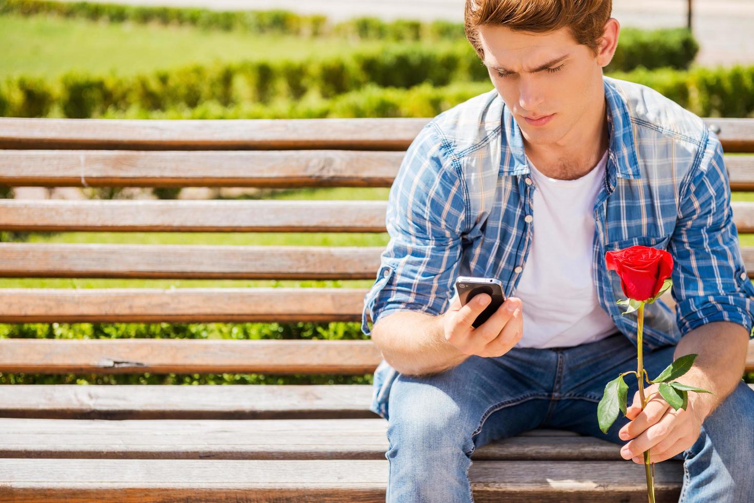 Waiting for his girlfriend. Worried young man holding single rose and looking at his mobile phone while sitting on the bench photo