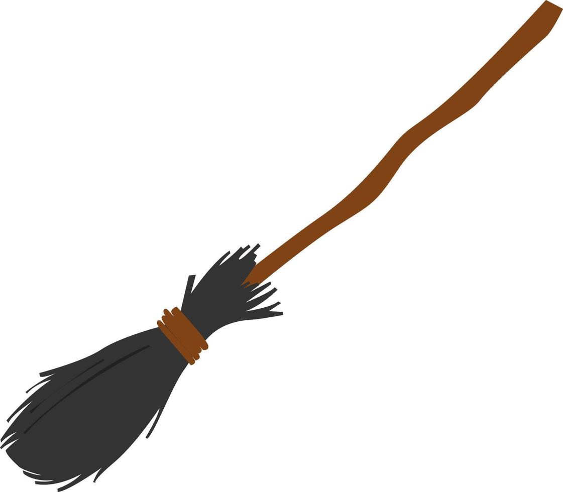 Old black broom, illustration, vector on white background.