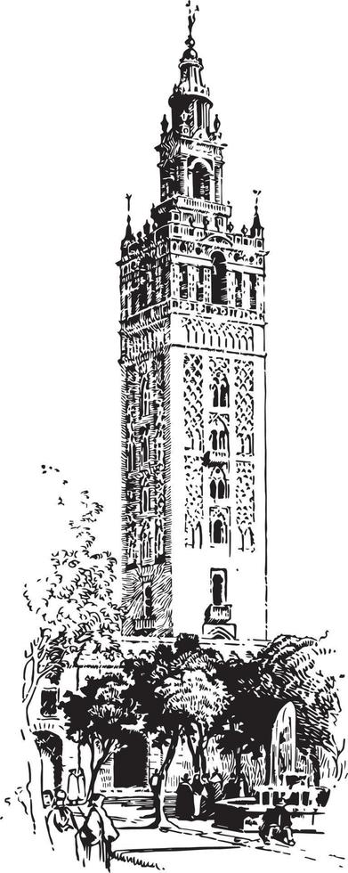 Giralda, important symbols,  vintage engraving. vector