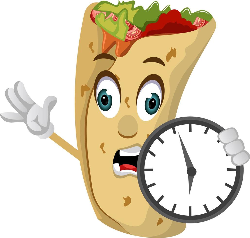 burrito con reloj, ilustración, vector sobre fondo blanco.