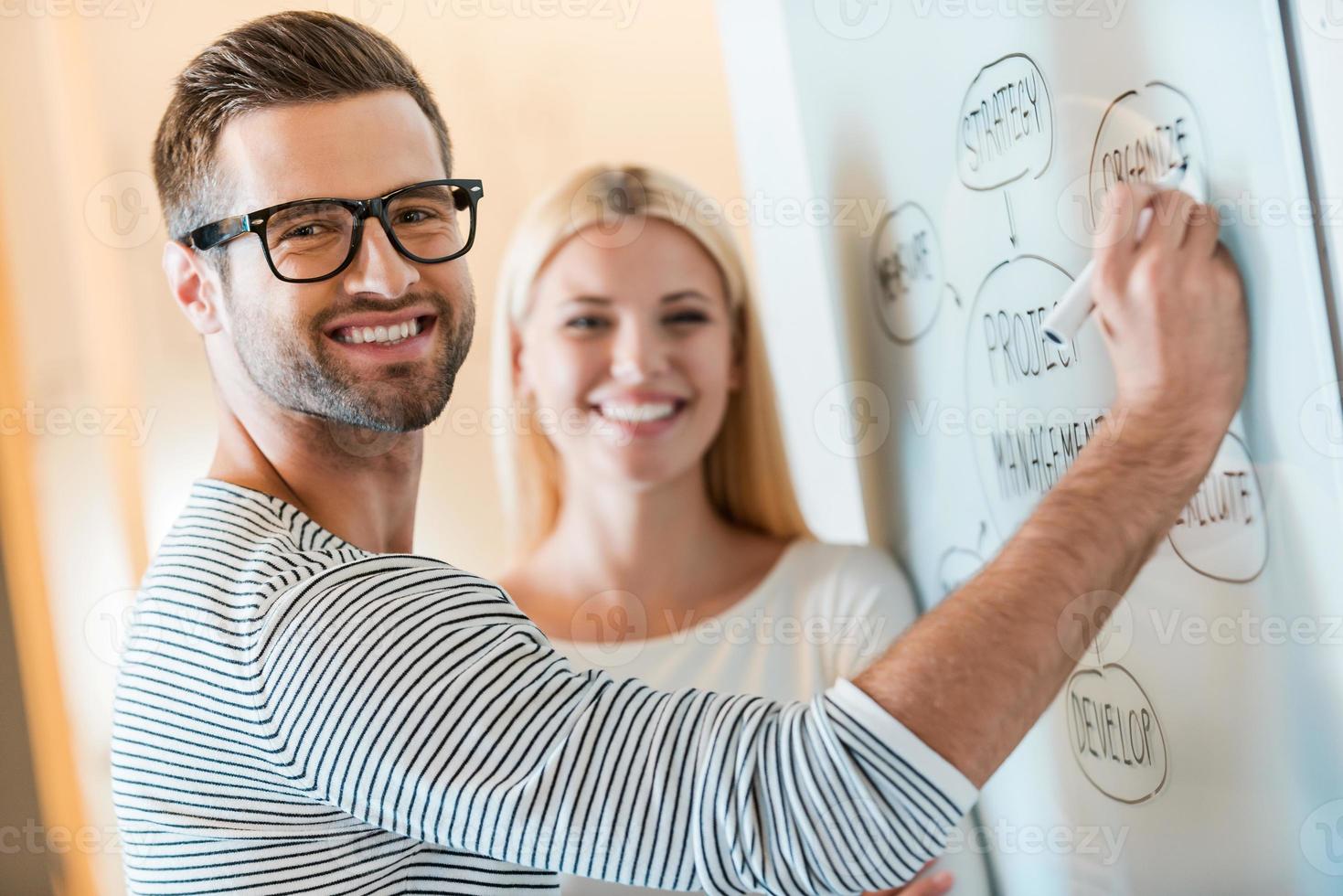 Planning business together. Confident young man and woman looking at camera and smiling while both standing near whiteboard in office photo