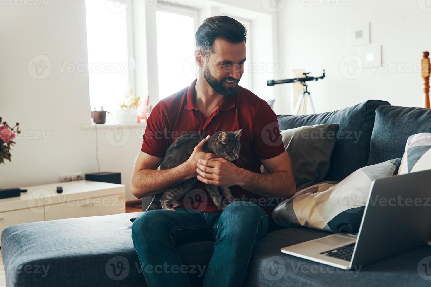 Handsome young man in casual clothing bonding with domestic cat and smiling while spending time indoors photo