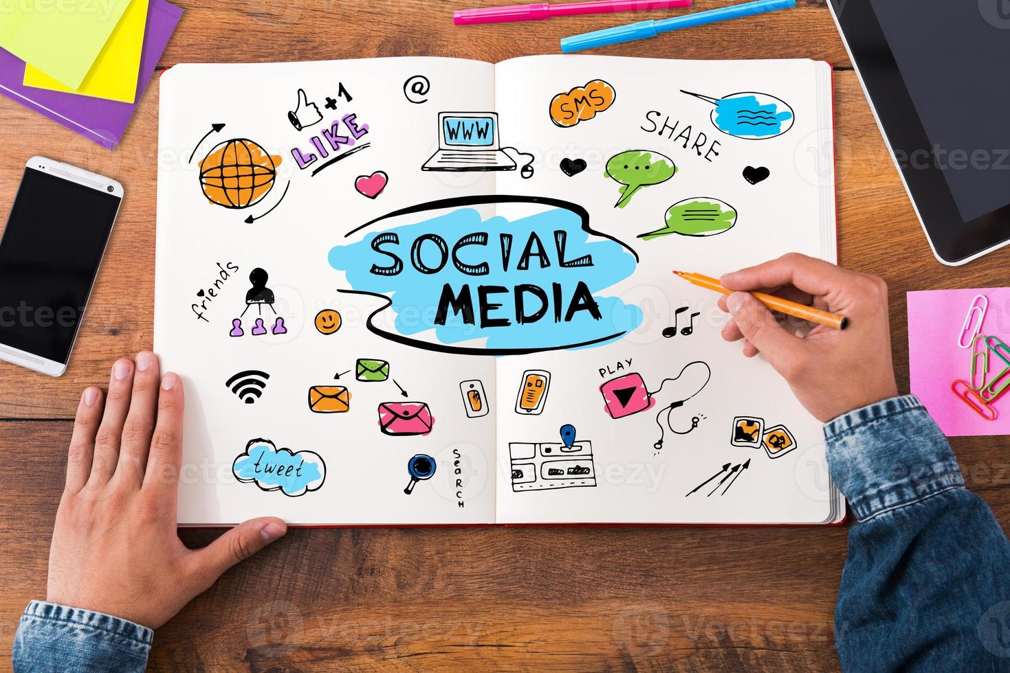 Social media. Top view close-up image of man sketching in his notebook while sitting at the wooden desk photo