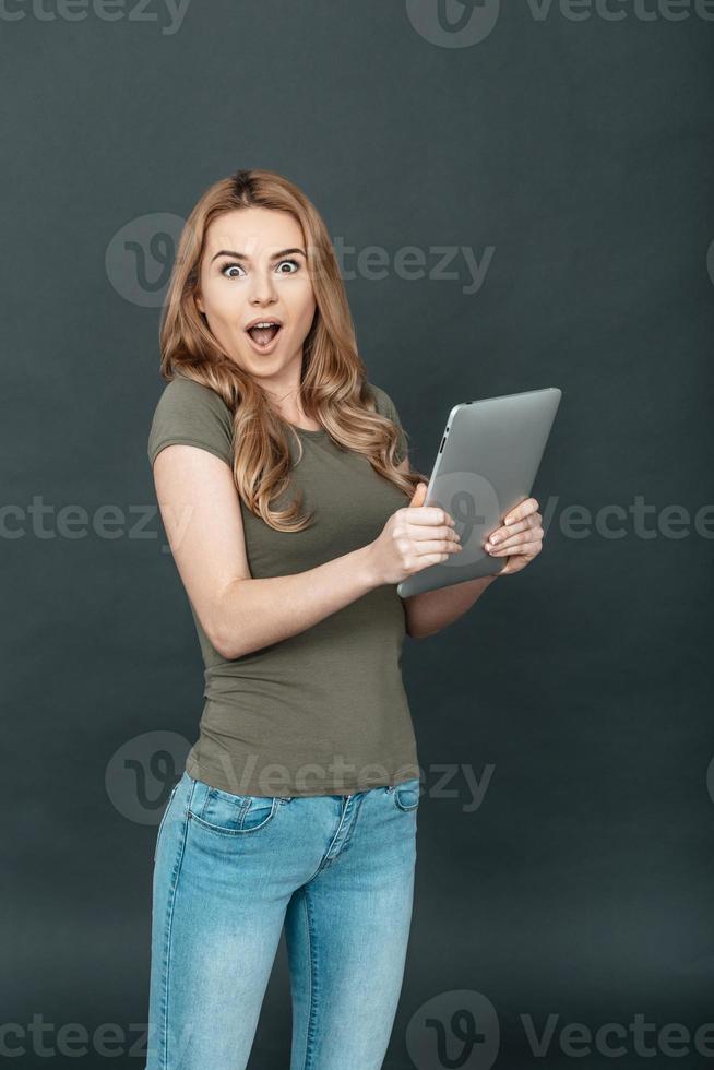 Wow Surprised young woman with blond hair holding digital tablet with opened mouth while standing against grey background photo