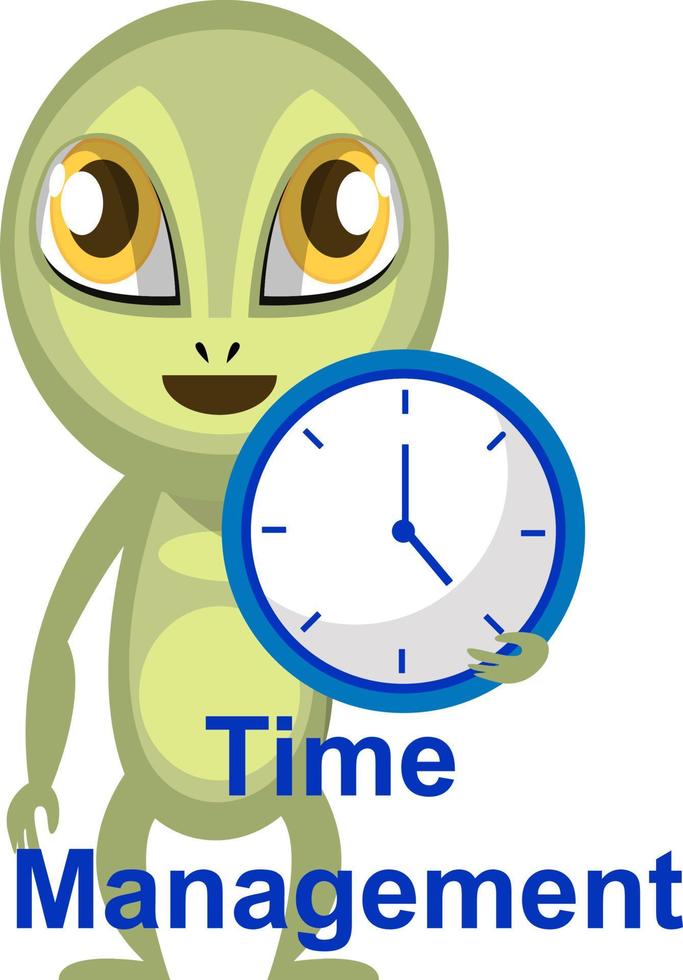 Alien with clock, illustration, vector on white background.