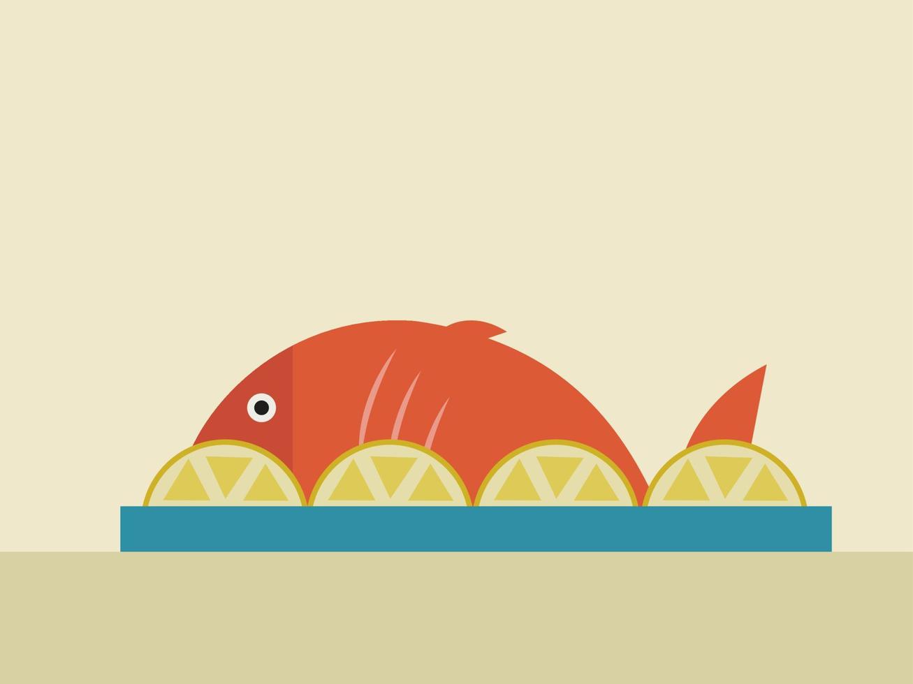 Fish with lemons, illustration, vector on white background.