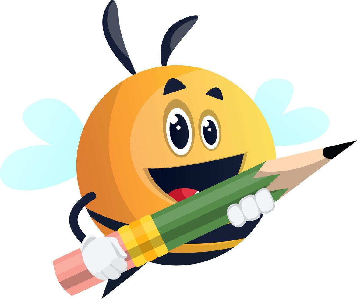 Bee holding a pen, illustration, vector on white background.