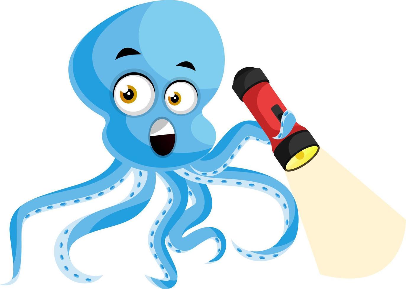 Octopus with flashlight, illustration, vector on white background.