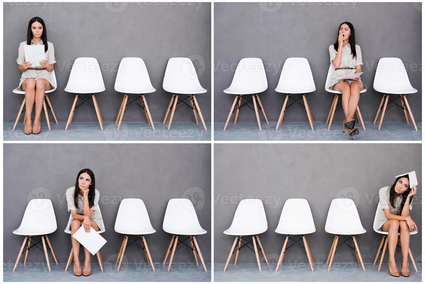 Long time waiting. Digital composite of young businesswoman expressing different emotions while holding paper and sitting at the chair against grey background photo