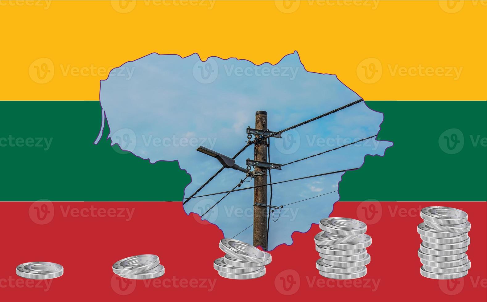 Outline map of Lithuania with the image of the national flag. Power line inside the map. Stacks of euro coins. Collage. Energy crisis. photo
