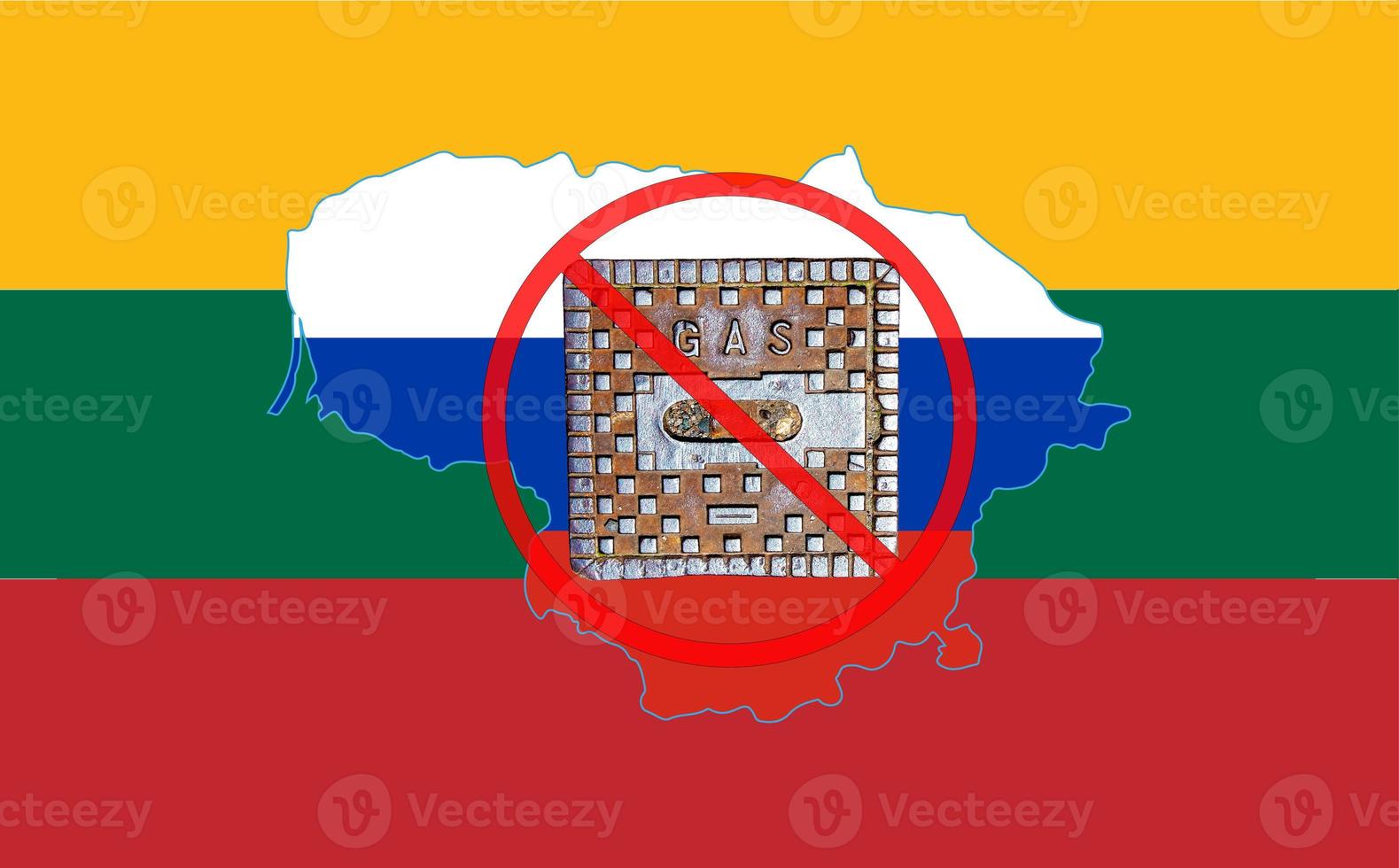 Outline map of Lithuania with the image of the national flag. Manhole cover of the gas pipeline system on the flag of Russia inside the map. Collage. Energy crisis. photo
