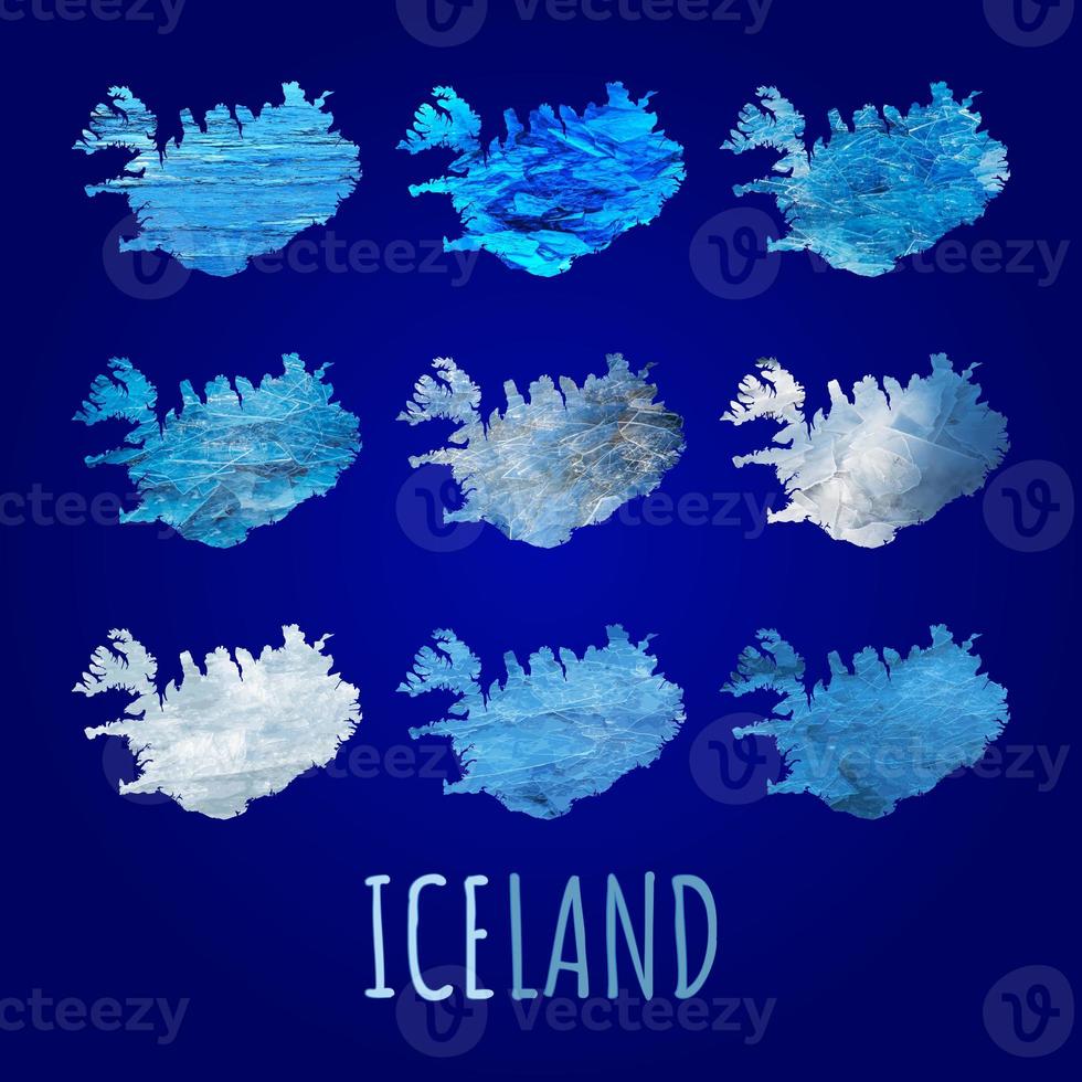 Contour map of Iceland on different ice textures. Collage. photo