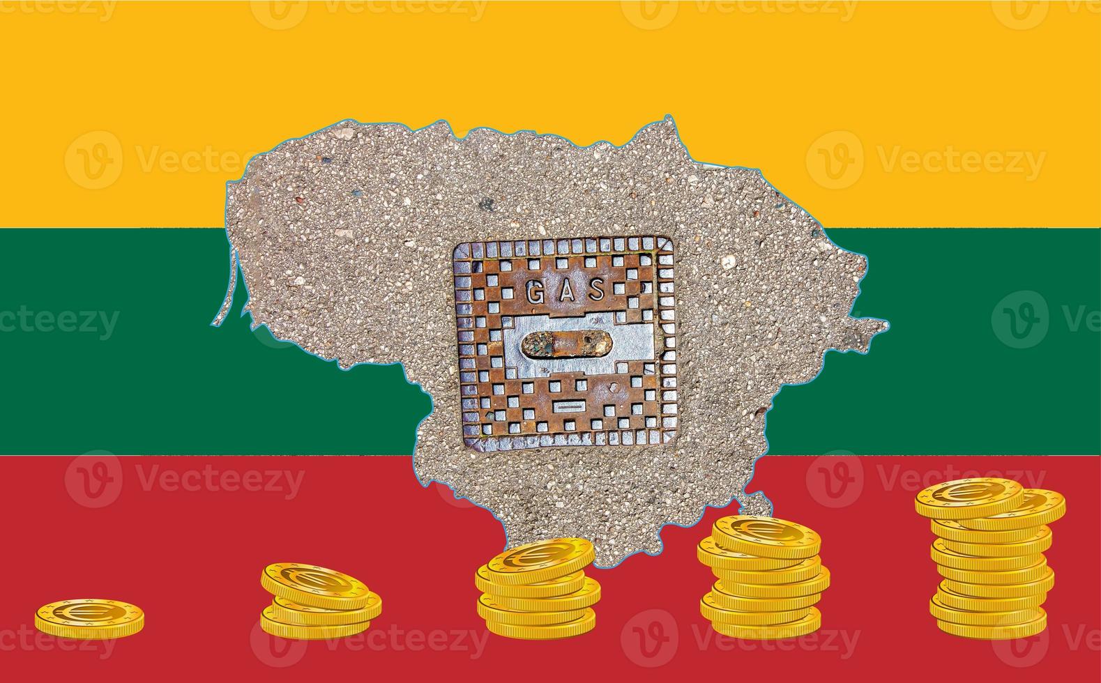 Outline map of Lithuania with the image of the national flag. Manhole cover of the gas pipeline system inside the map. Stacks of euro coins. Collage. Energy crisis. photo