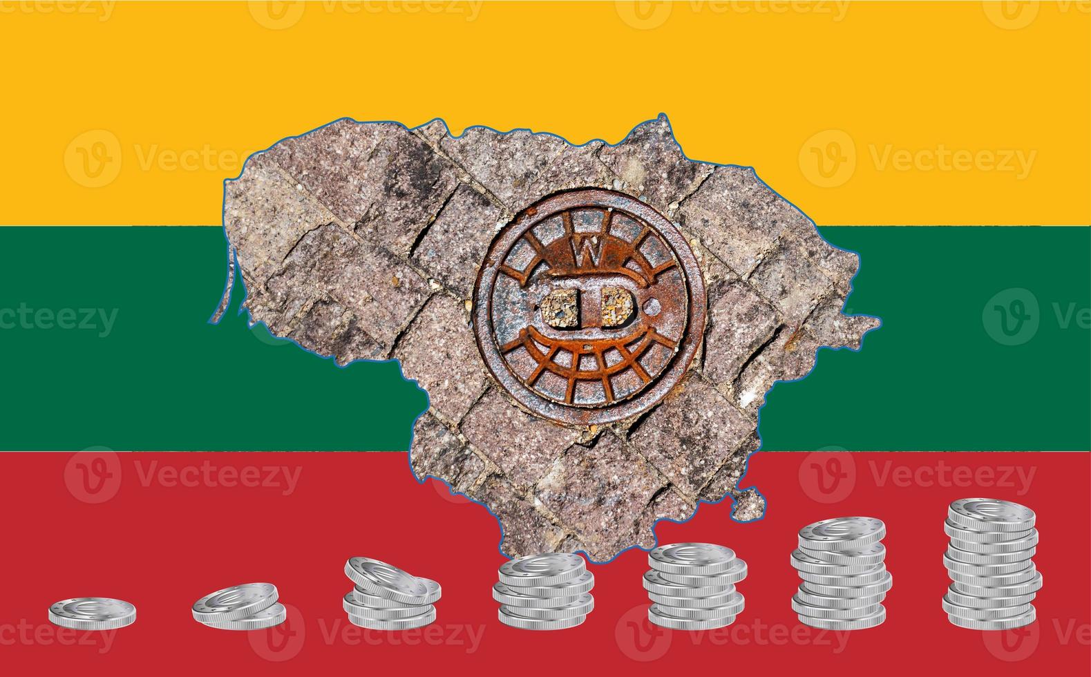 Outline map of Lithuania with the image of the national flag. Hatch for the water system inside the map. Stacks of Euro coins. Collage. Energy crisis. photo