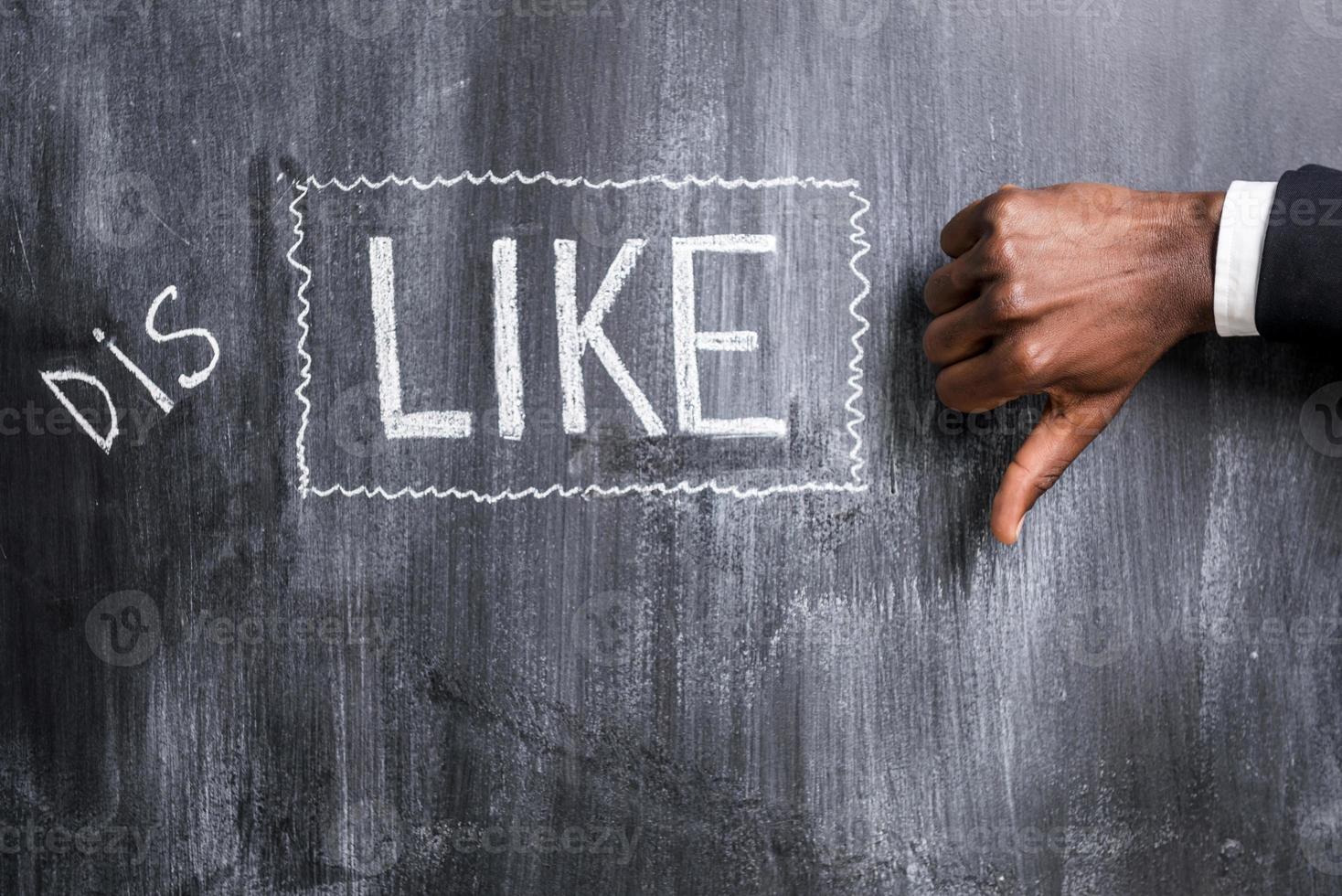 Dislike. Close-up of human hand with thumb down in front of the blackboard with inscription Dislike photo