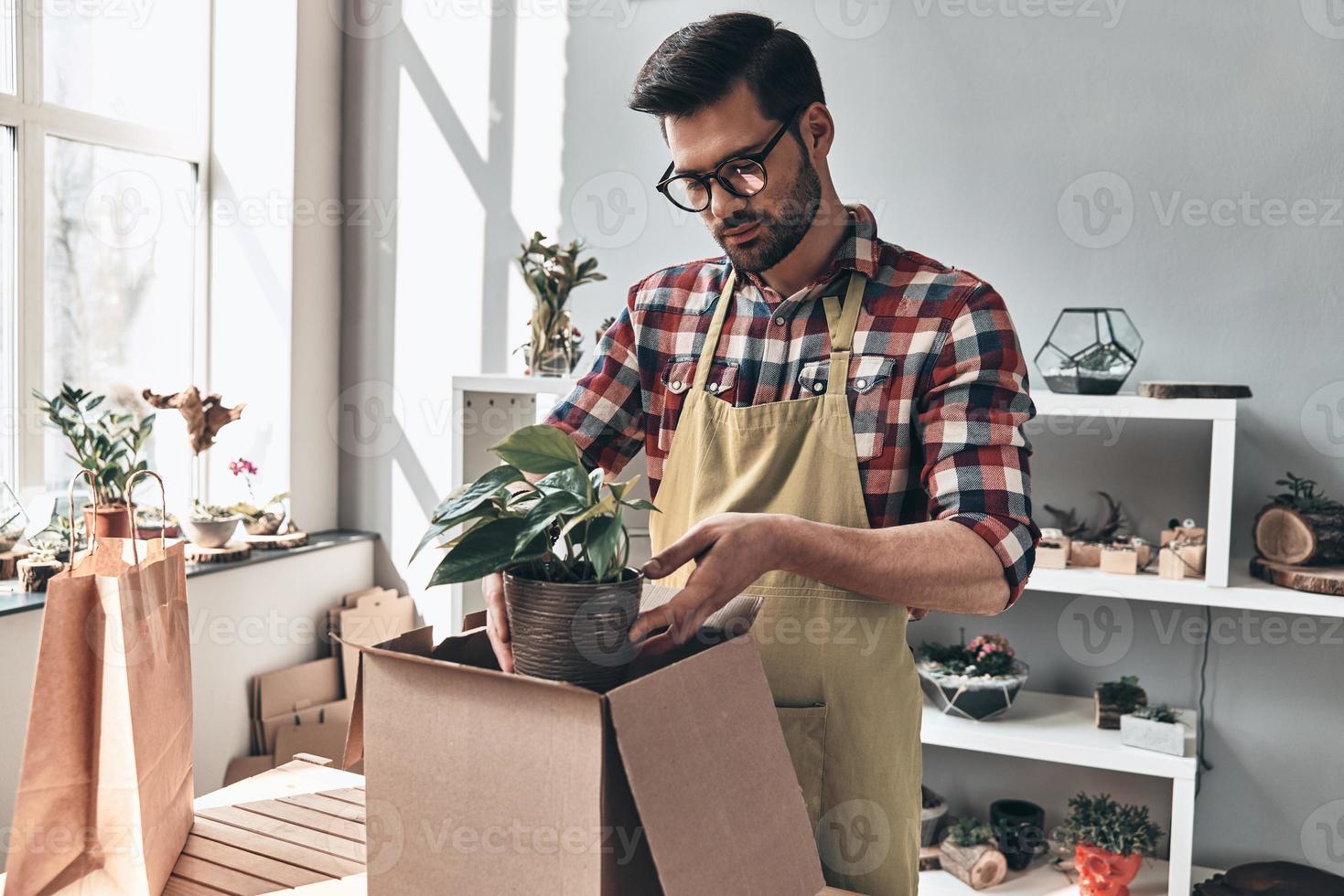 Paying attention to every detail. Handsome young man in apron packing potted plant in carton container and smiling while standing in small garden center photo