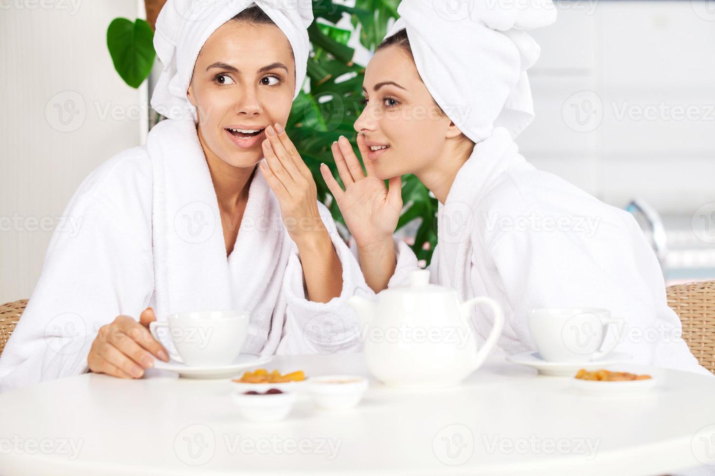 Girls at spa. Two beautiful young women in bathrobe drinking tea and gossiping while sitting in front of swimming pool photo