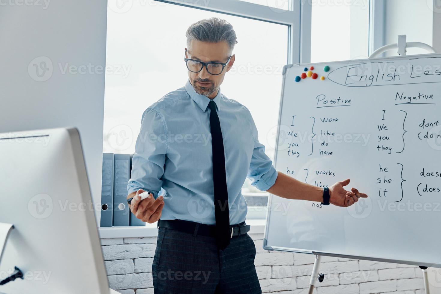 Confident English teacher pointing whiteboard while having web conference at the classroom photo
