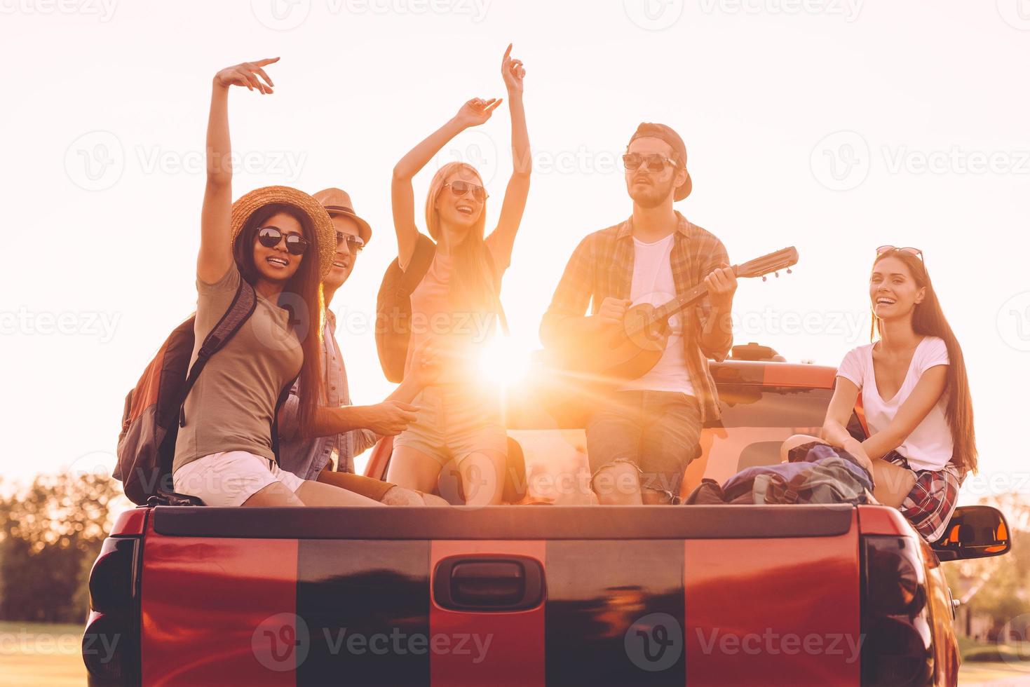 Enjoying road trip together. Group of young cheerful people enjoying their road trip while sitting in pick-up truck together photo