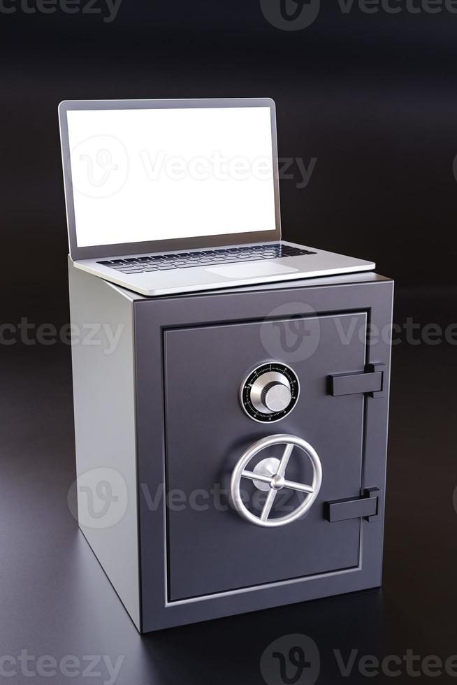 Modern laptop on closed strongbox. 3d render photo