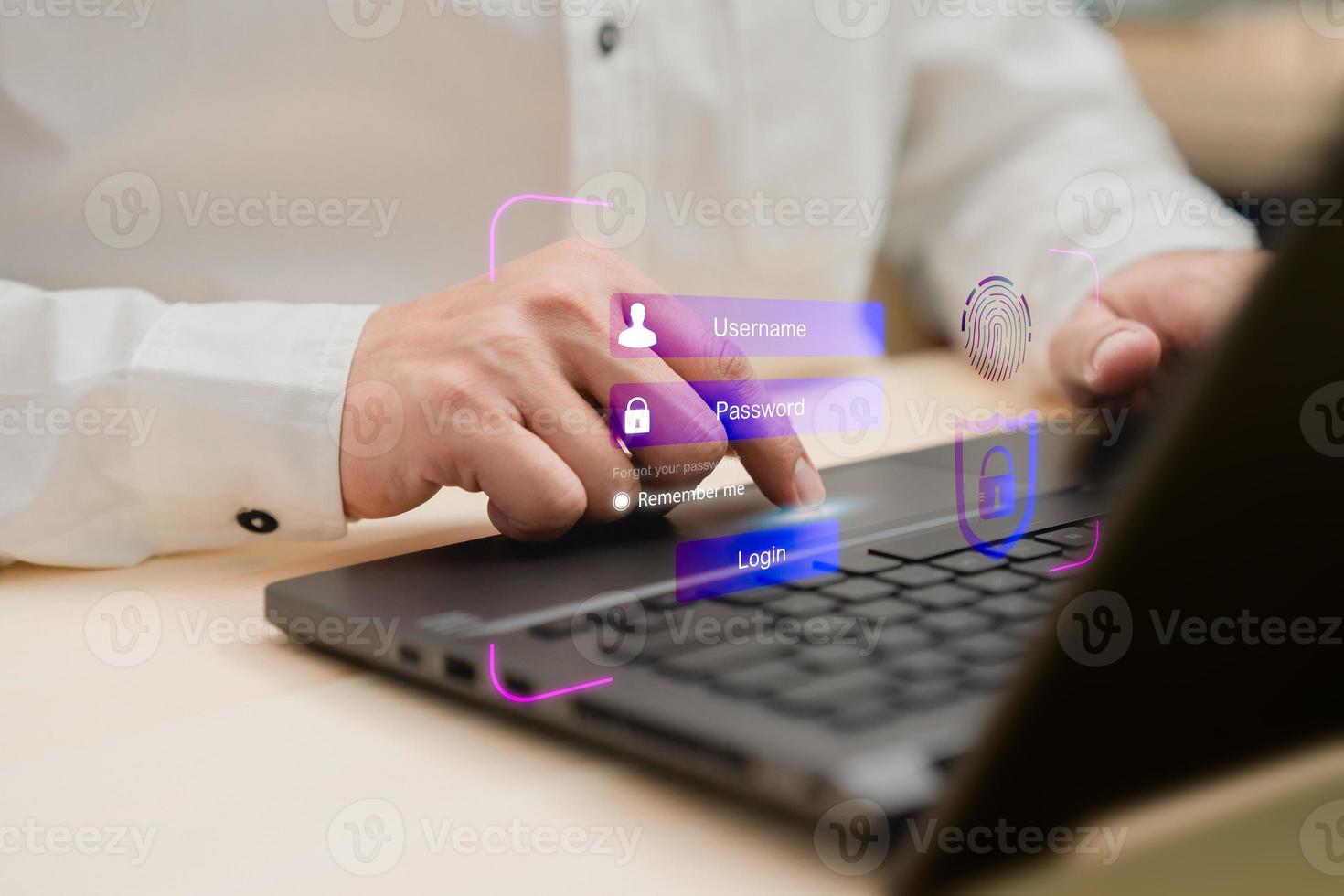 Man typing login and password, cyber security concept, Secure encryption and access to the user's private information to access the Internet. photo