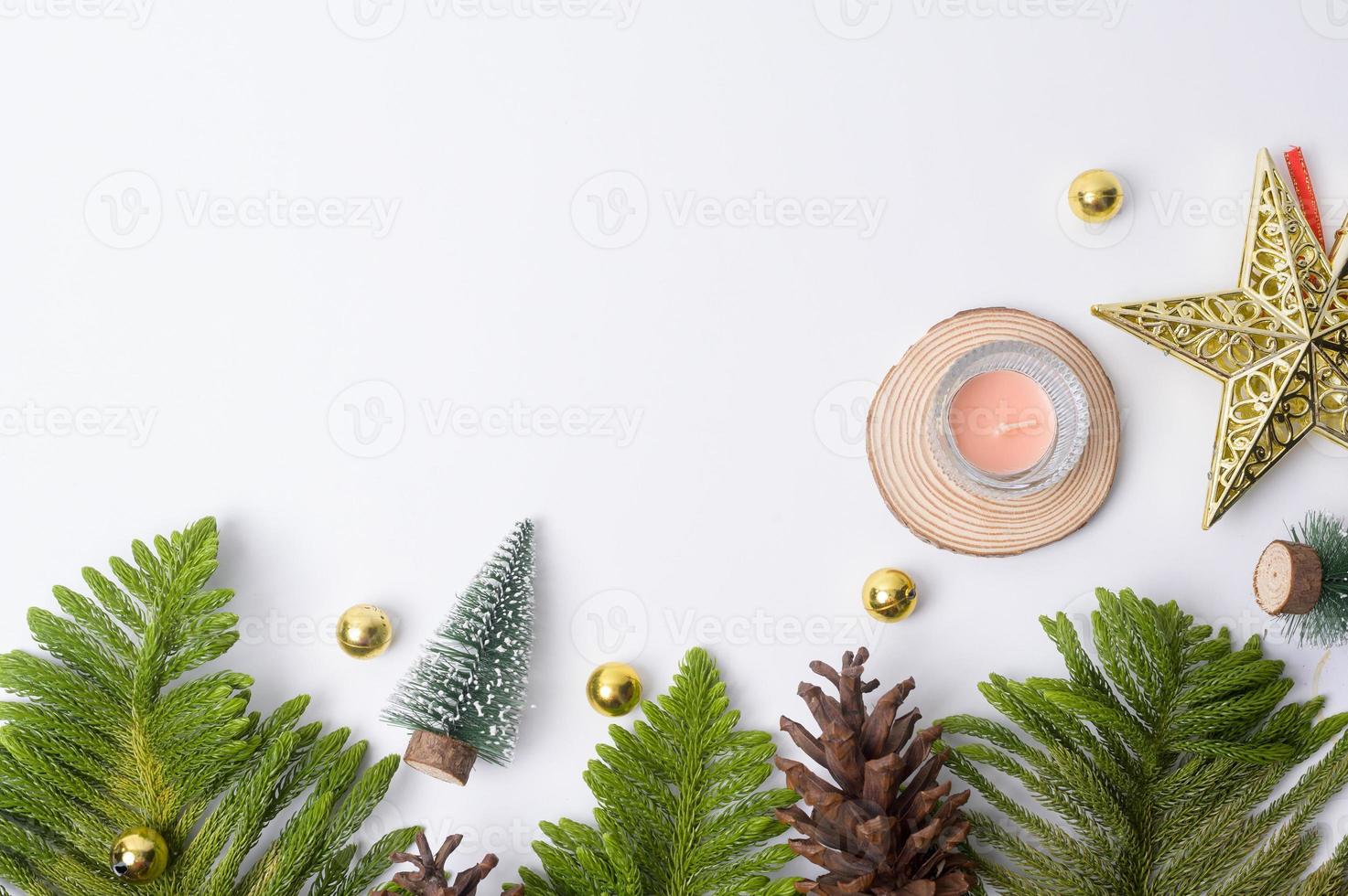 Top view Christmas flat lay  decorations on white background photo