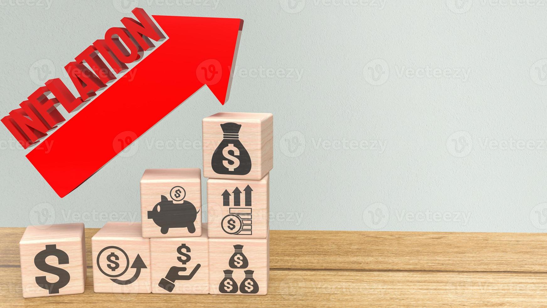 The red inflation text and business icon wood cube 3d rendering photo