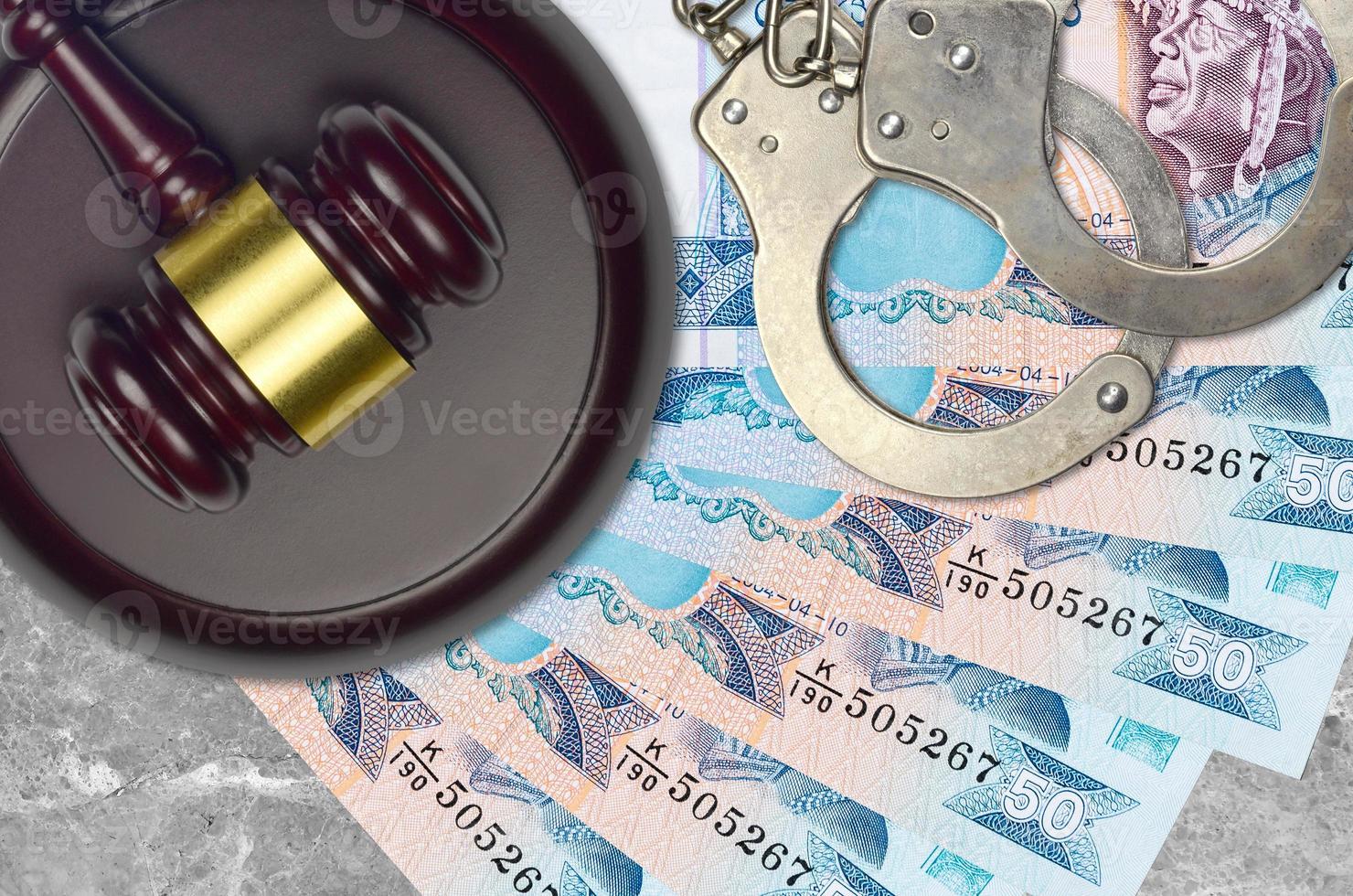 50 Sri Lankan rupees bills and judge hammer with police handcuffs on court desk. Concept of judicial trial or bribery. Tax avoidance photo
