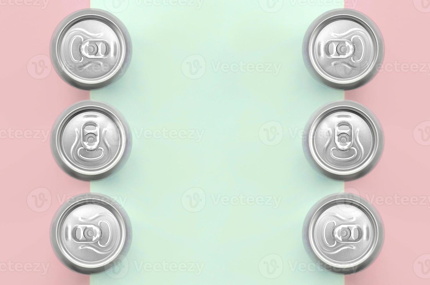 Many metallic beer cans on texture background of fashion pastel turquoise and pink colors photo