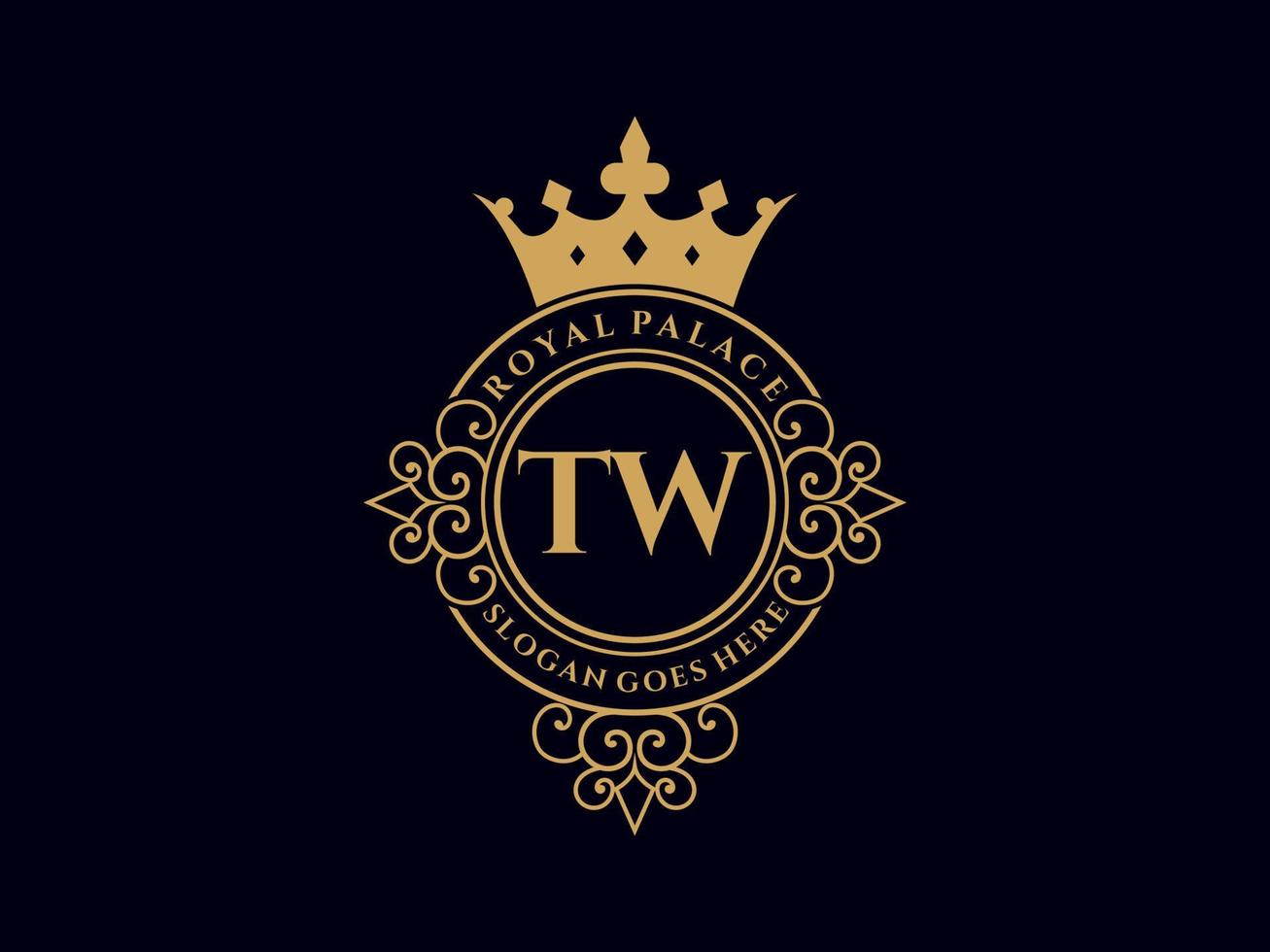 Letter TW Antique royal luxury victorian logo with ornamental frame. vector