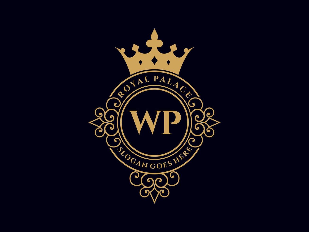 letra wp logotipo victoriano de lujo real antiguo con marco ornamental. vector