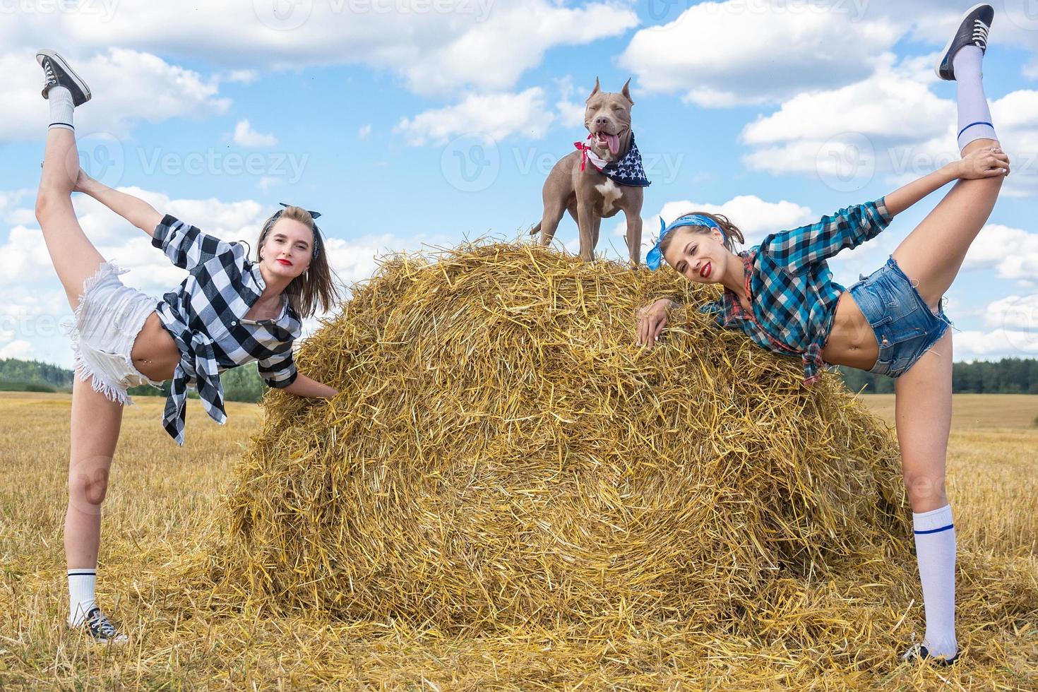 Two gymnast girls and a dog photo