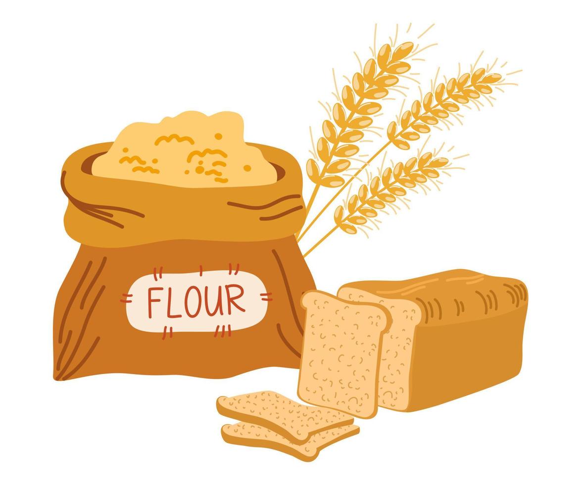 Bags flour, wheat ears and bread. Wheat, rye, rye ear, symbol of farming, bread, harvest. Whole grain, yeast baked bread. food sign. Whole stems, an organic vegetarian element. Vector illustration.