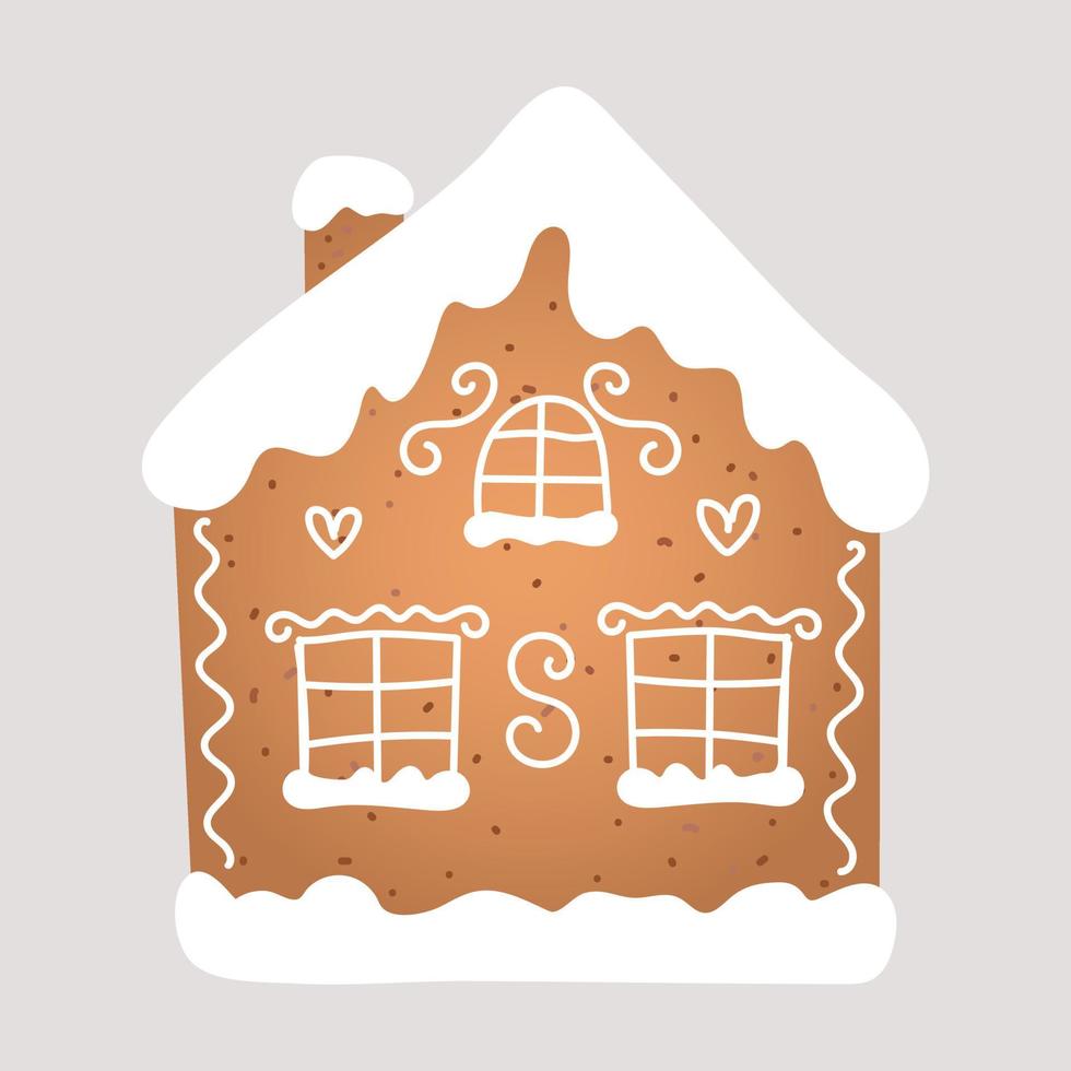 Holiday gingerbread cookie in shape of house with white icing. Vector illustration in flat style