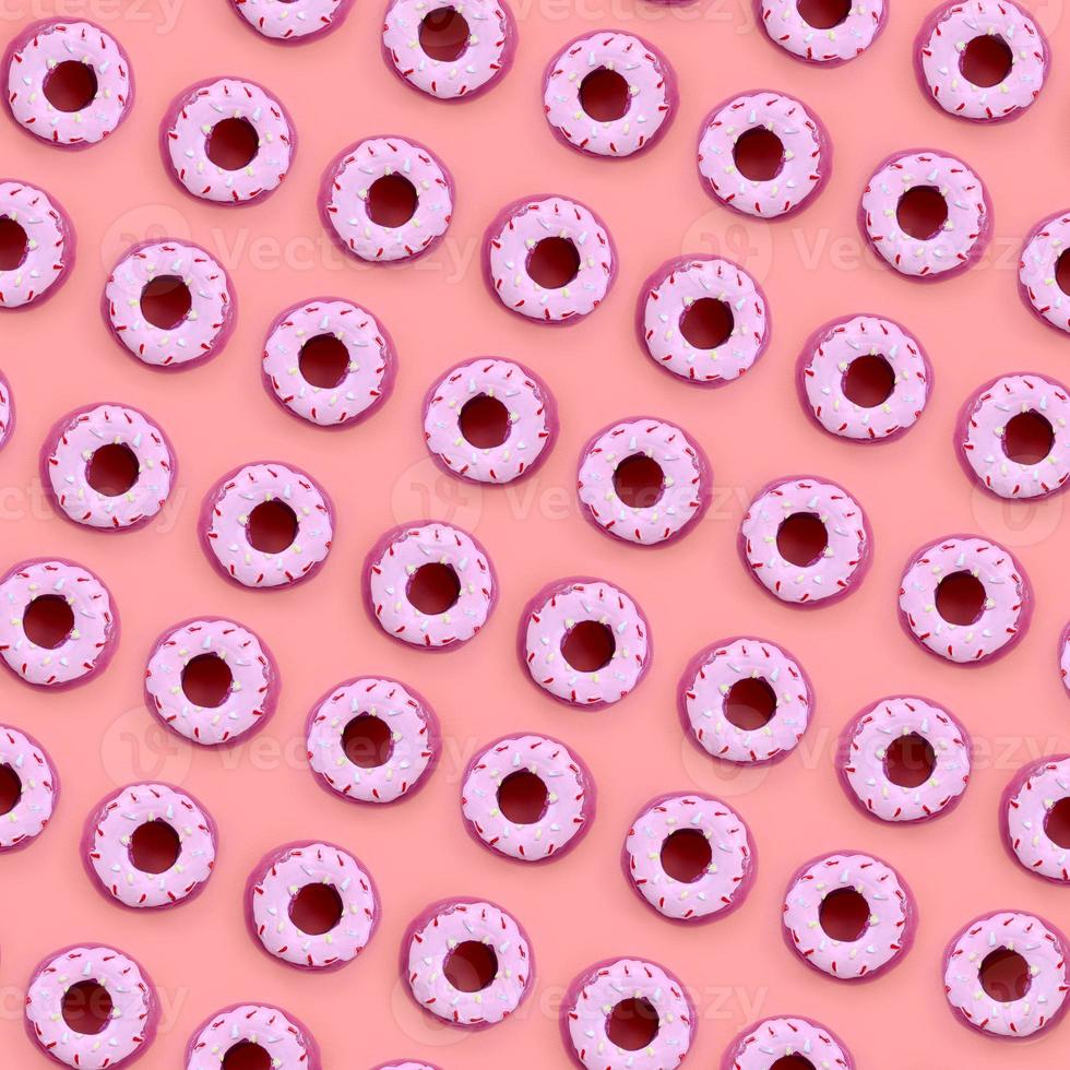 Many small plastic donuts lies on a pastel colorful background. Flat lay minimal pattern. Top view photo