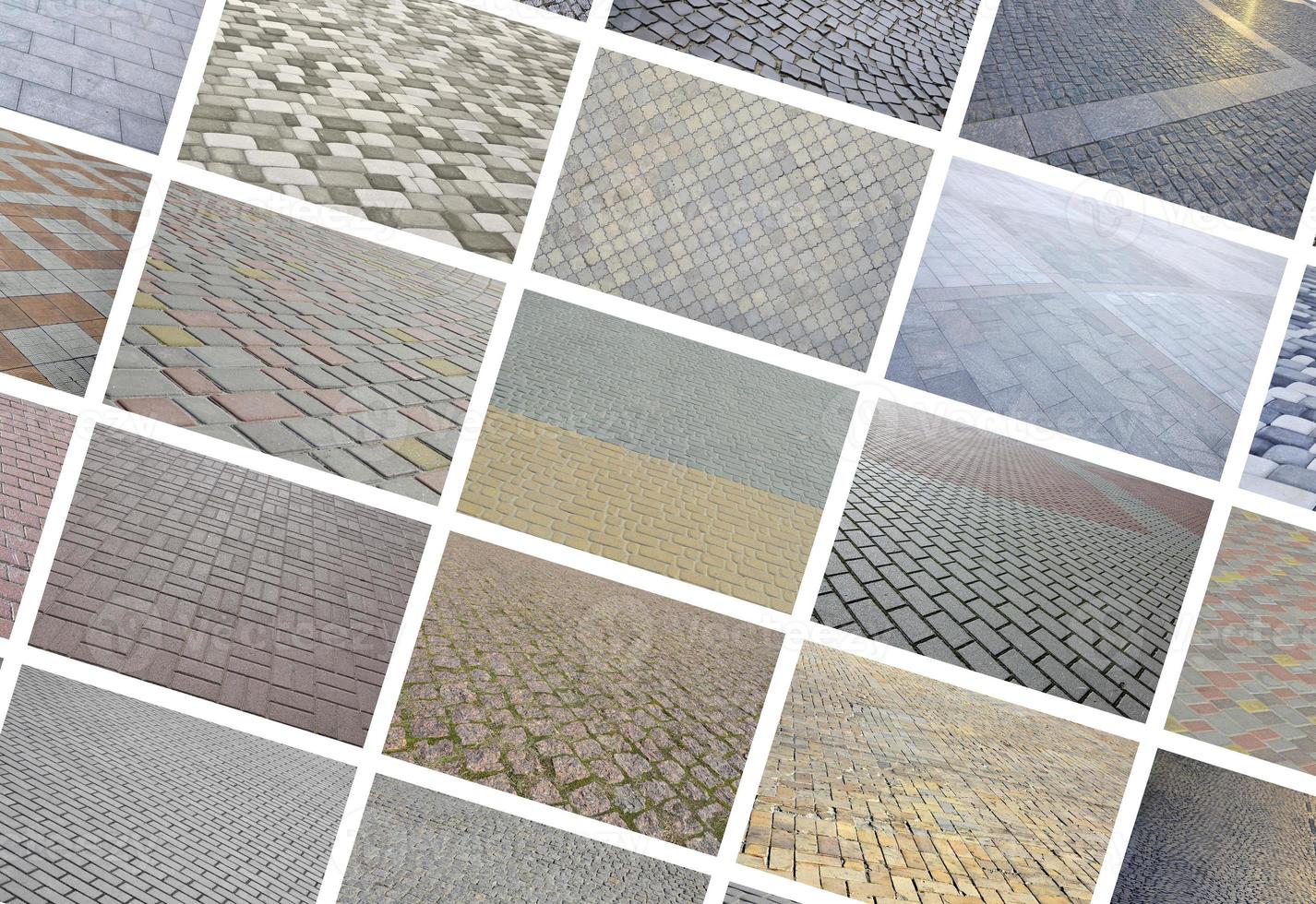 A collage of many pictures with fragments of paving tiles close-up. Set of images with pavement stone photo