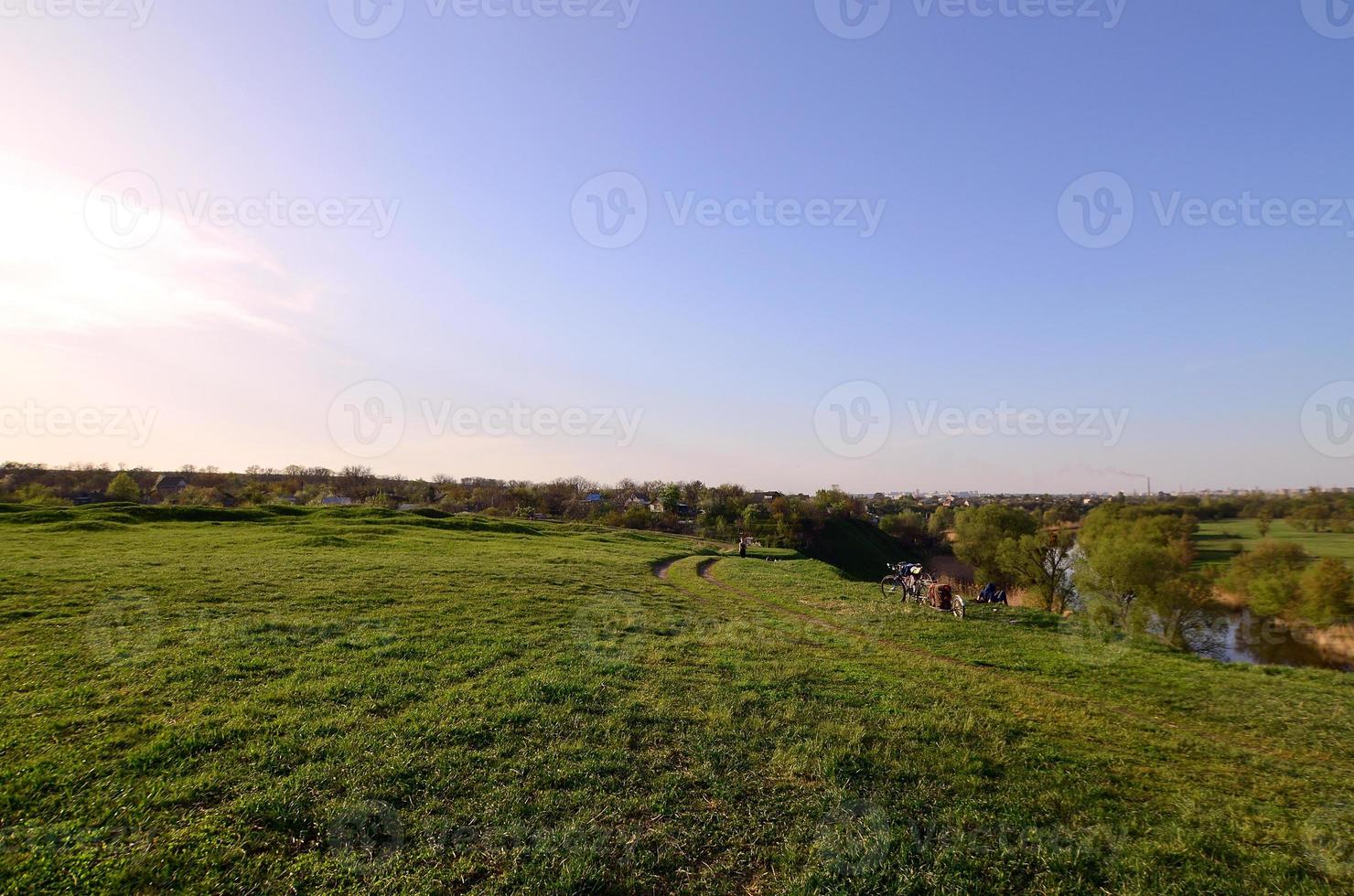 A rural landscape with a wild reed field and a small lake. Ecologically clean place for rest photo