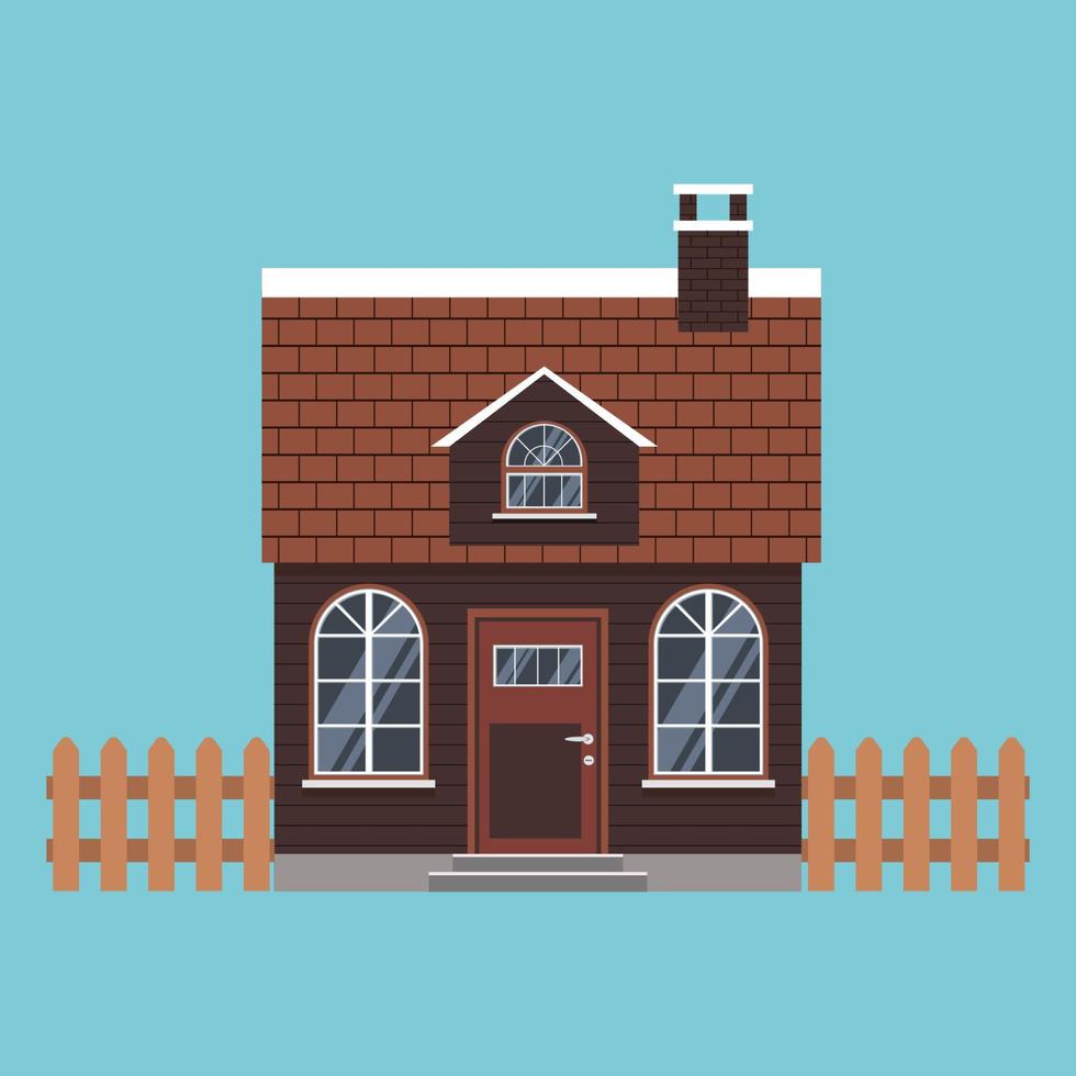 Isolated icon of country house with a tiled roof and chimney, fences in cartoon flat style. vector